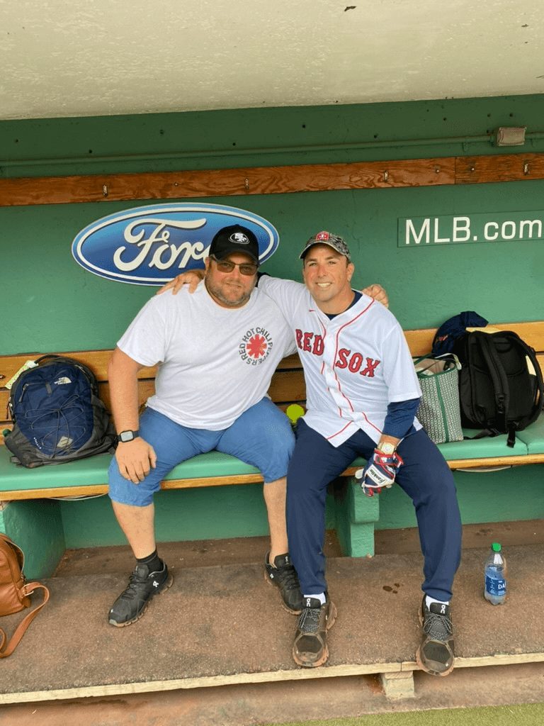Peter and a friend in the Fenway dugout