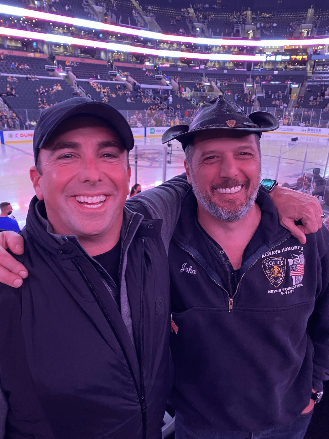 Peter with a friend at a Celtics game
